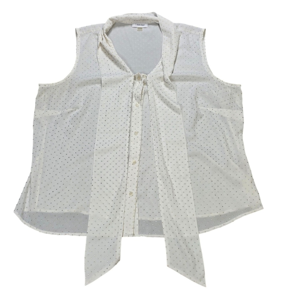 Calvin Klein Studded Sleeveless Blouse Women's Size 1X White Silver Tie Neck